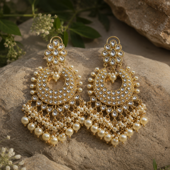 Polki Chandbali Earring with Pearl Drops
