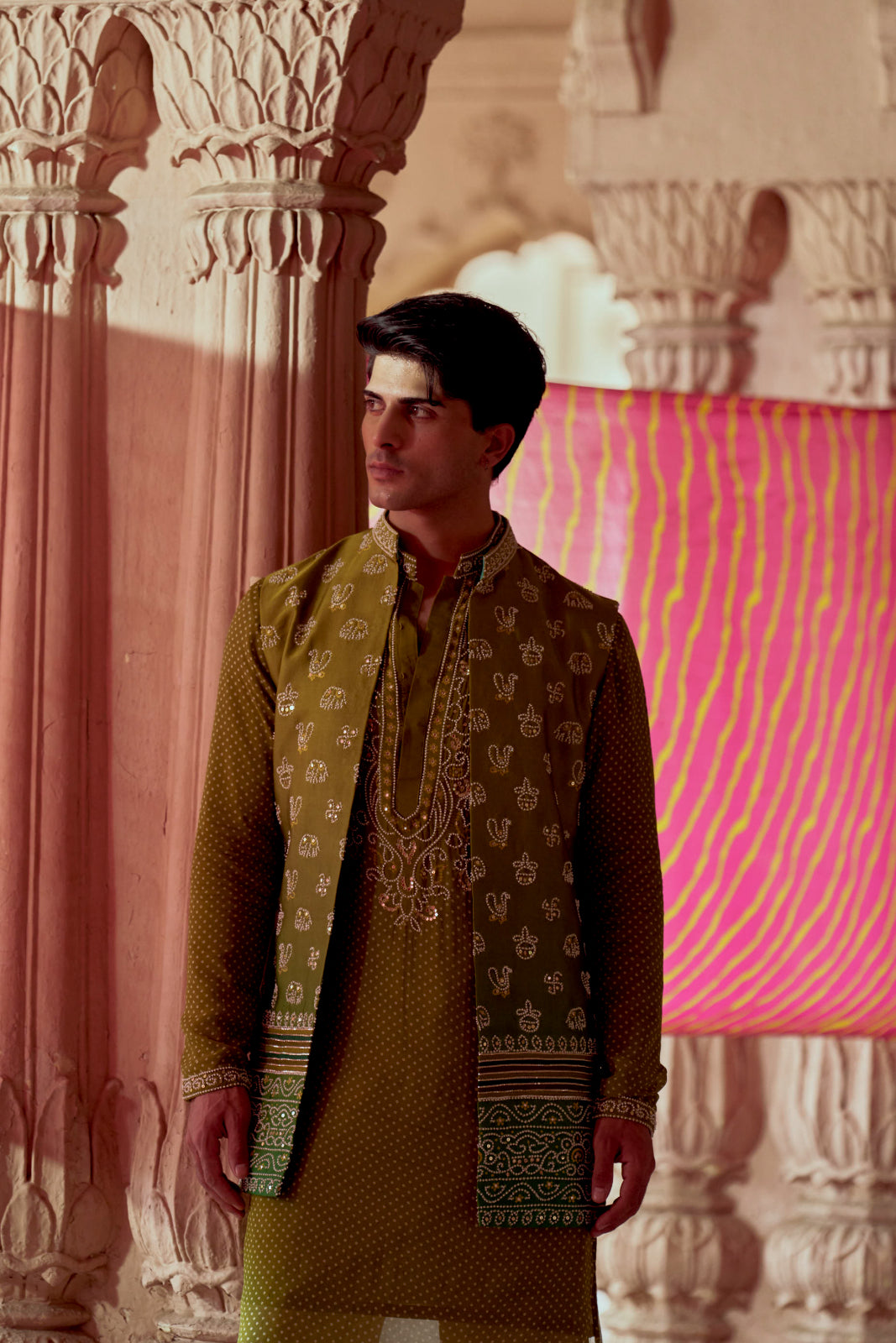 Green bandhej printed bandi set
