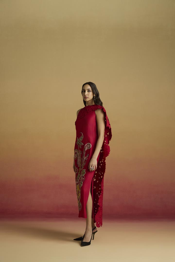 Elegant Red Chanderi Straight Dress with Cutwork Drape Detail