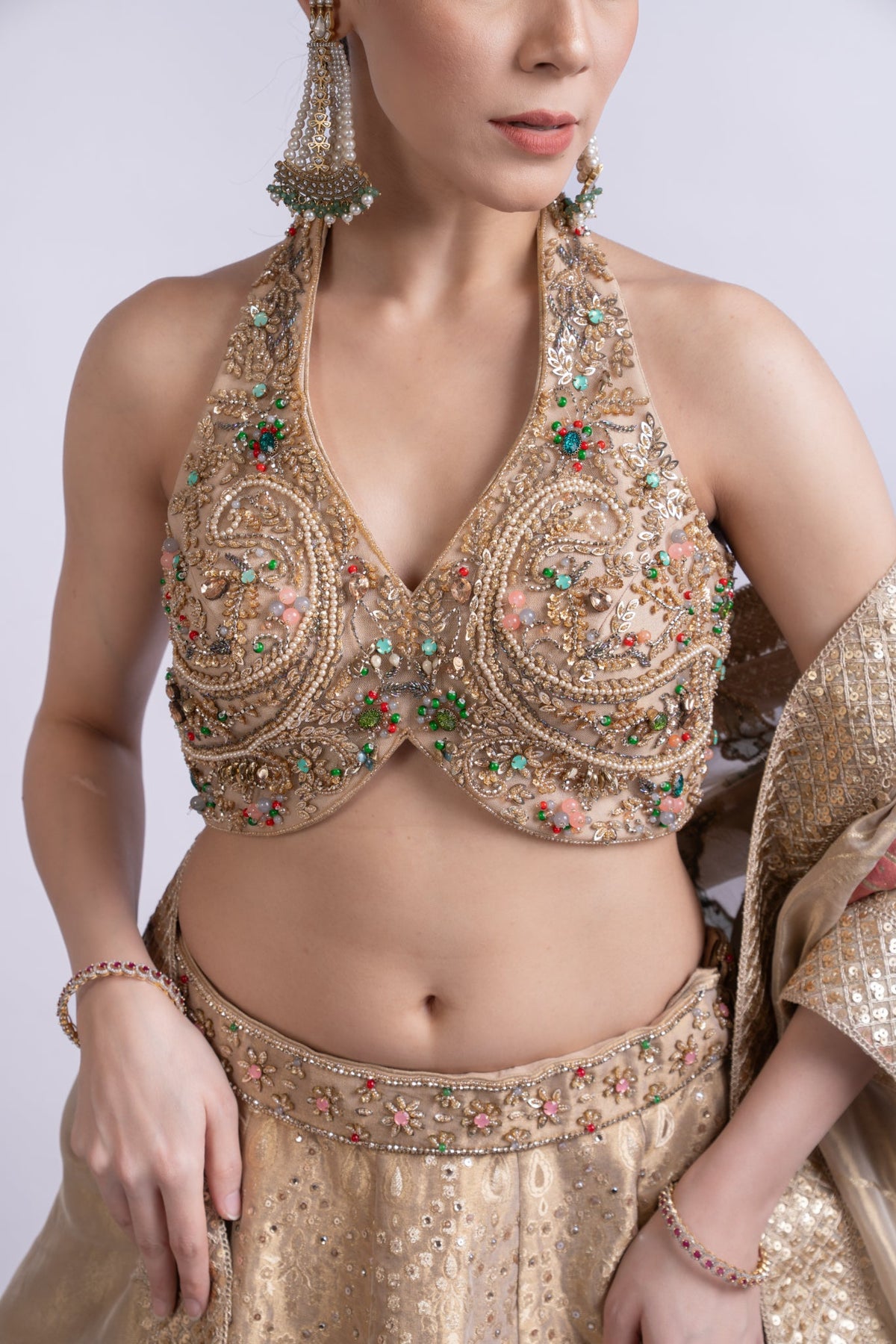 Golden Banarasi Embroidered Lehenga Set with Dupatta