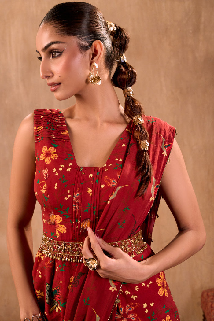 RED PRINT EMBROIDERED PEPLUM TOP, DRAPED PANTS, DRAPE AND BELT SET - image 2