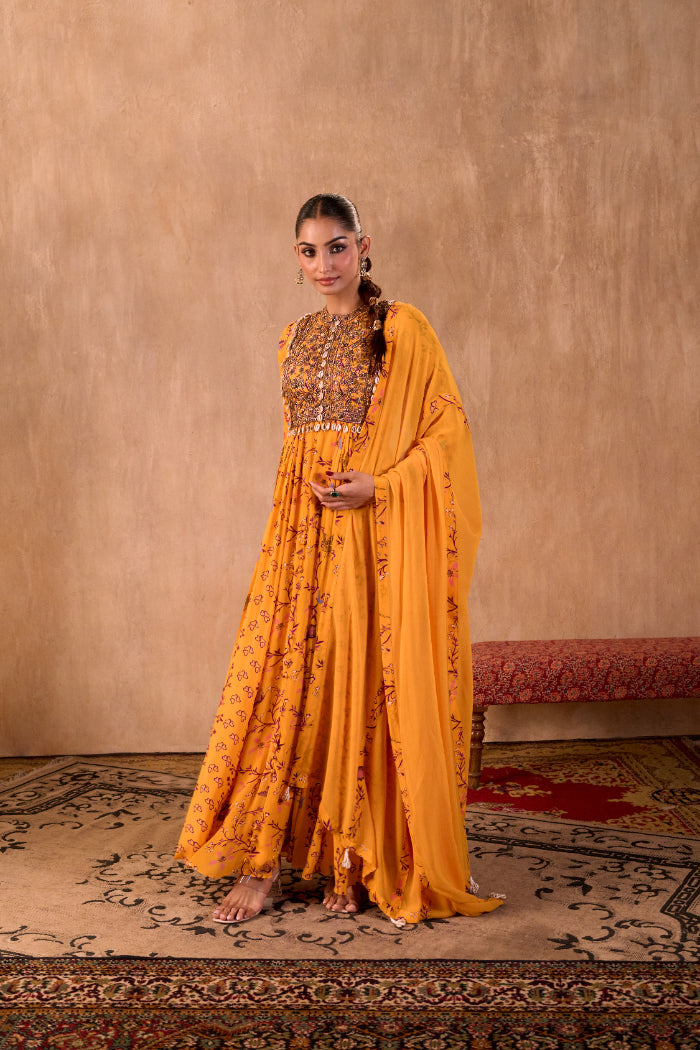 YELLOW PRINT EMBROIDERED ANARKALI AND DUPATTA SET - image 2