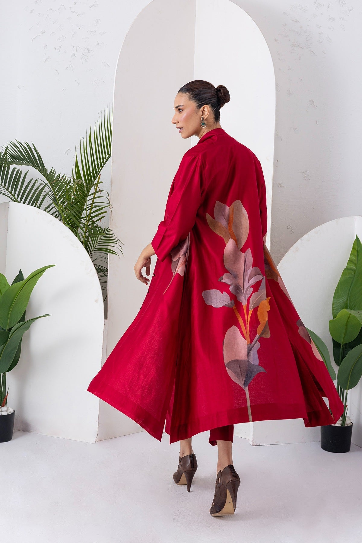 Maroon Silk Chanderi Leaf Printed Dress Set (3 PCS)