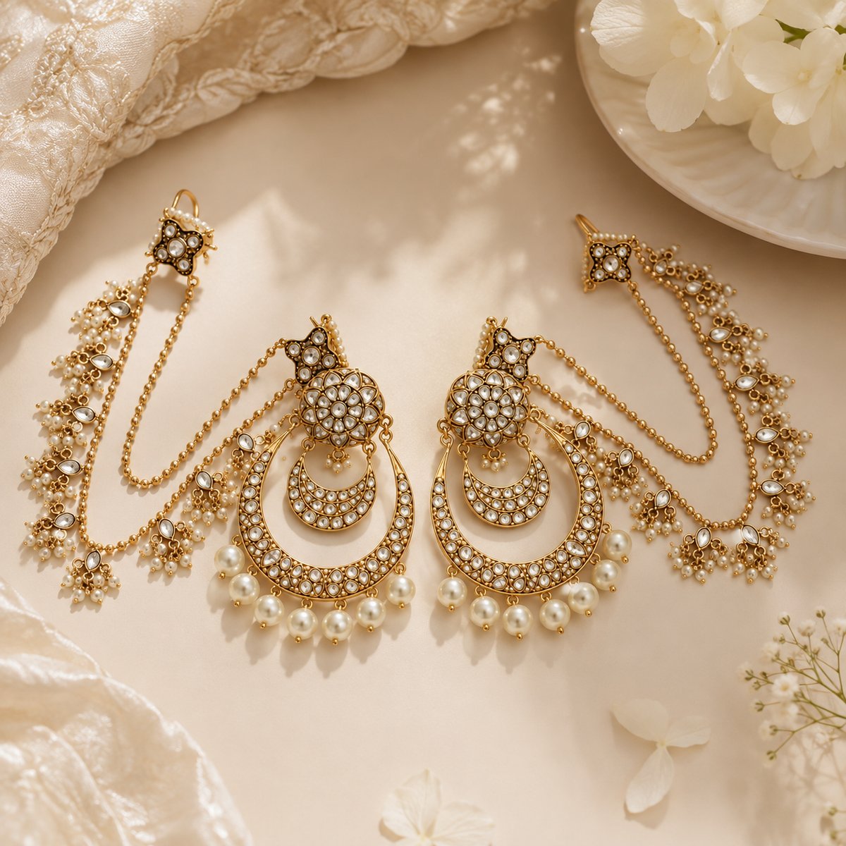 Kundan Pearl Chandbali Earrings with Ear Chains