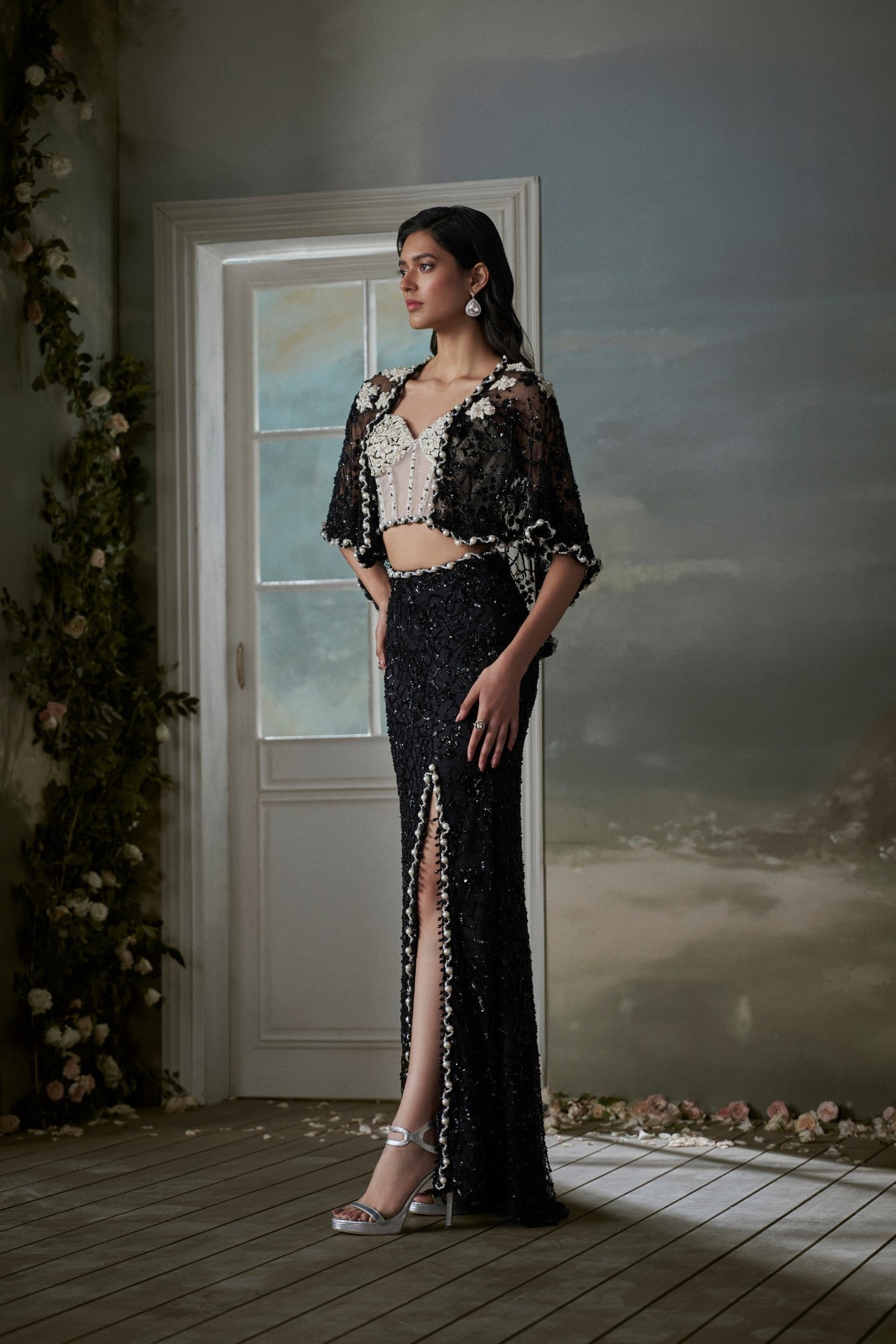 Black Pearl-Embellished Jacket & Slit Skirt with Ivory Corset