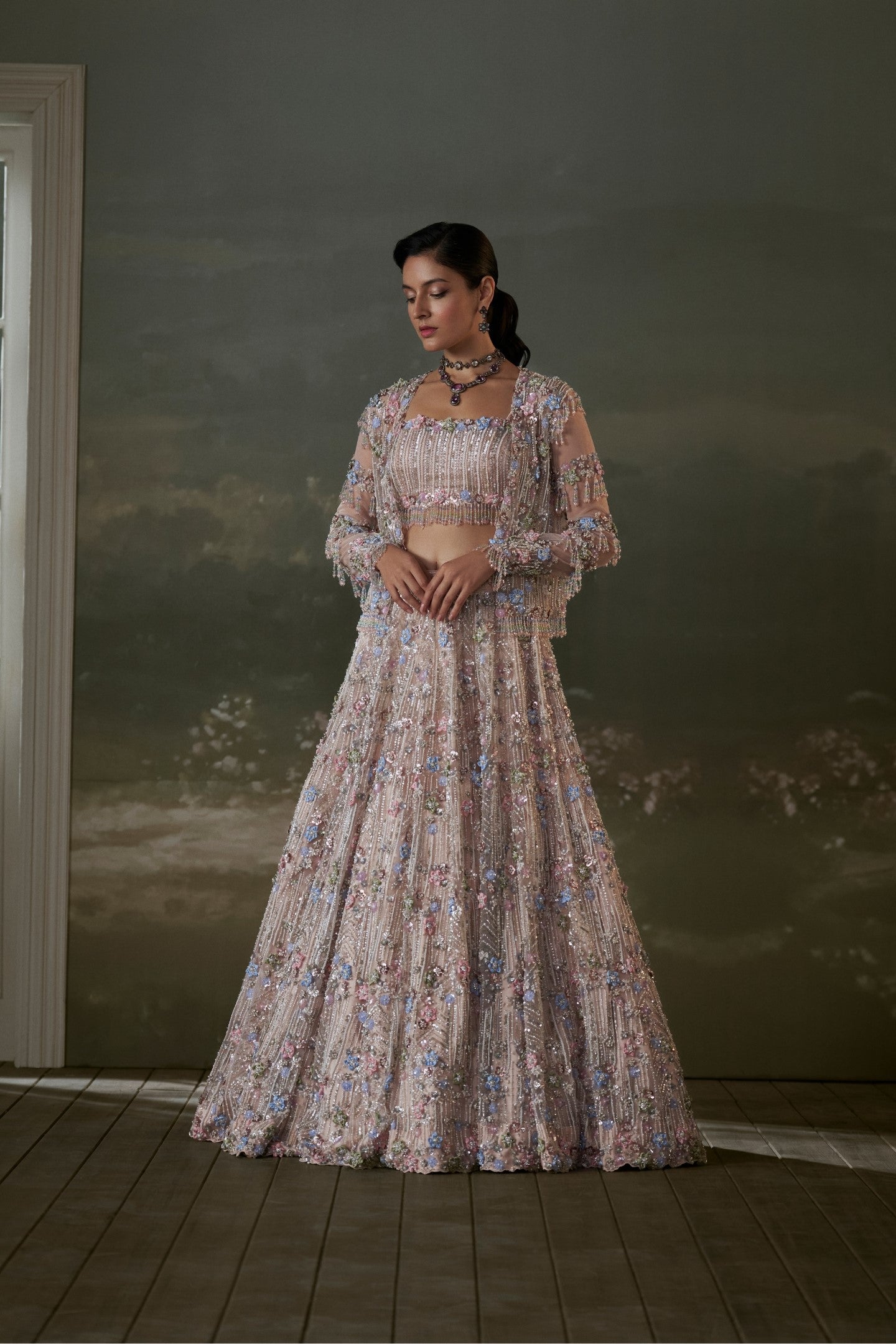 Peach Multicolored Net Lehenga Choli Set With Jacket
