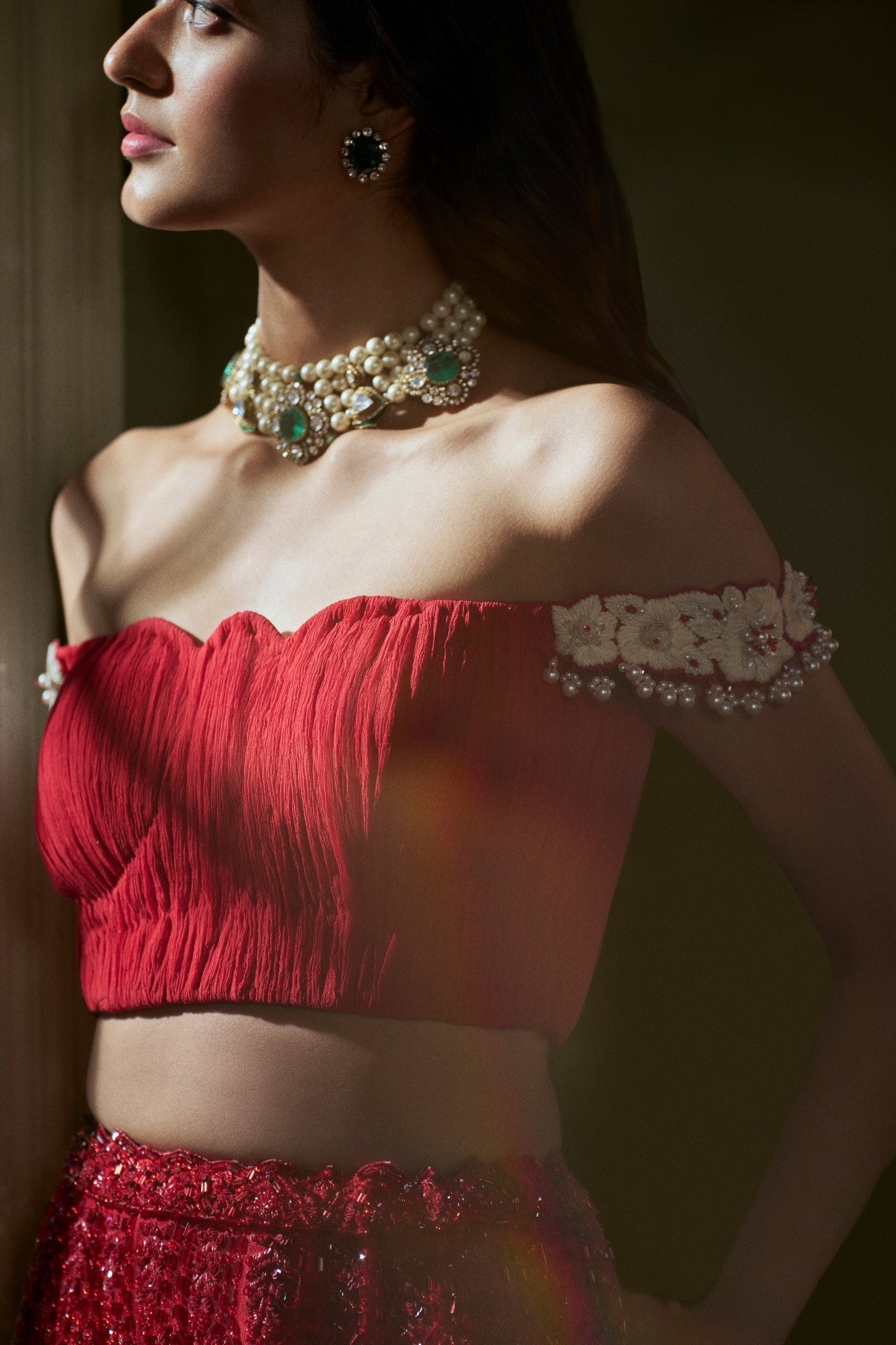 Red Embroidered Lehenga Skirt with Pleated Crop Top - Festive Wear