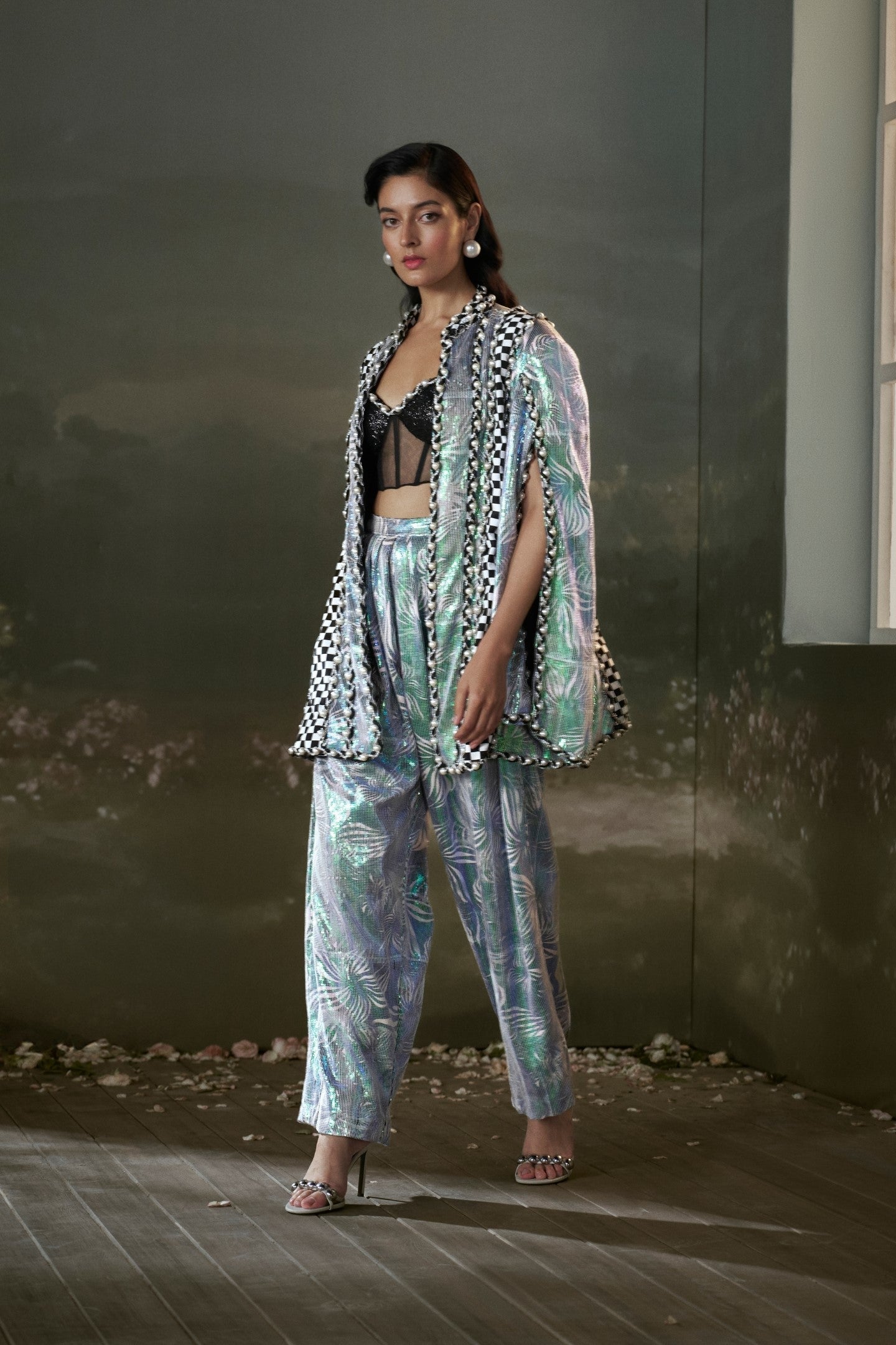 Printed Metallic Jacket and Trouser Set with Corset - Evening Wear