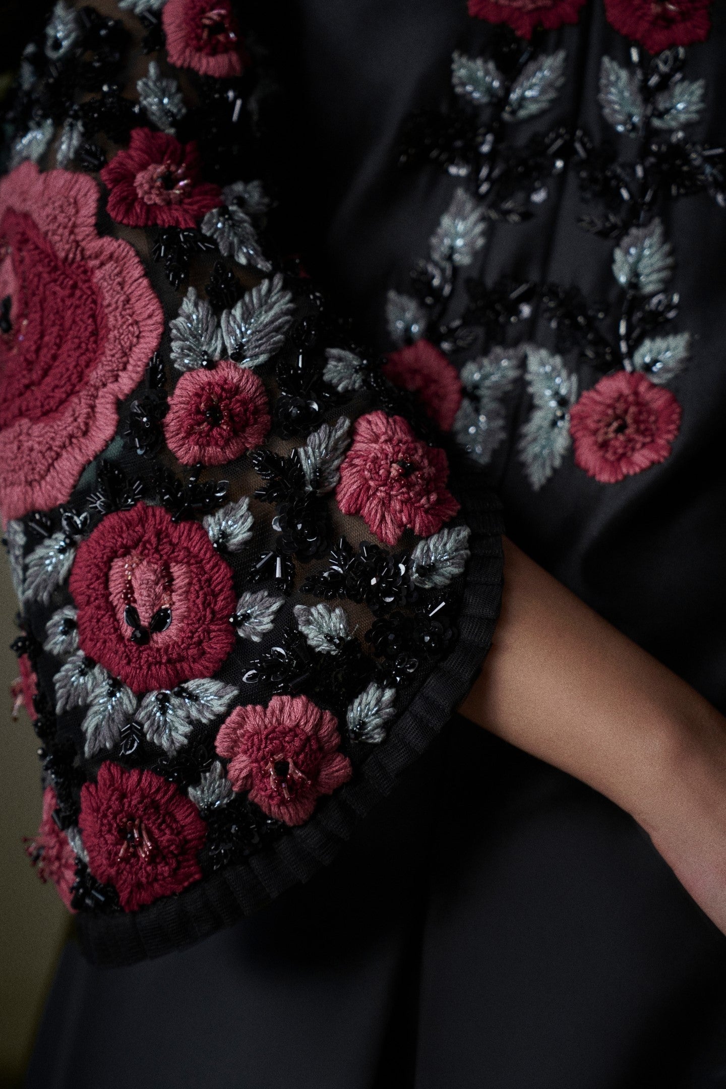 Floral Embroidered Black Silk Long Dress with Jacket & Trouser