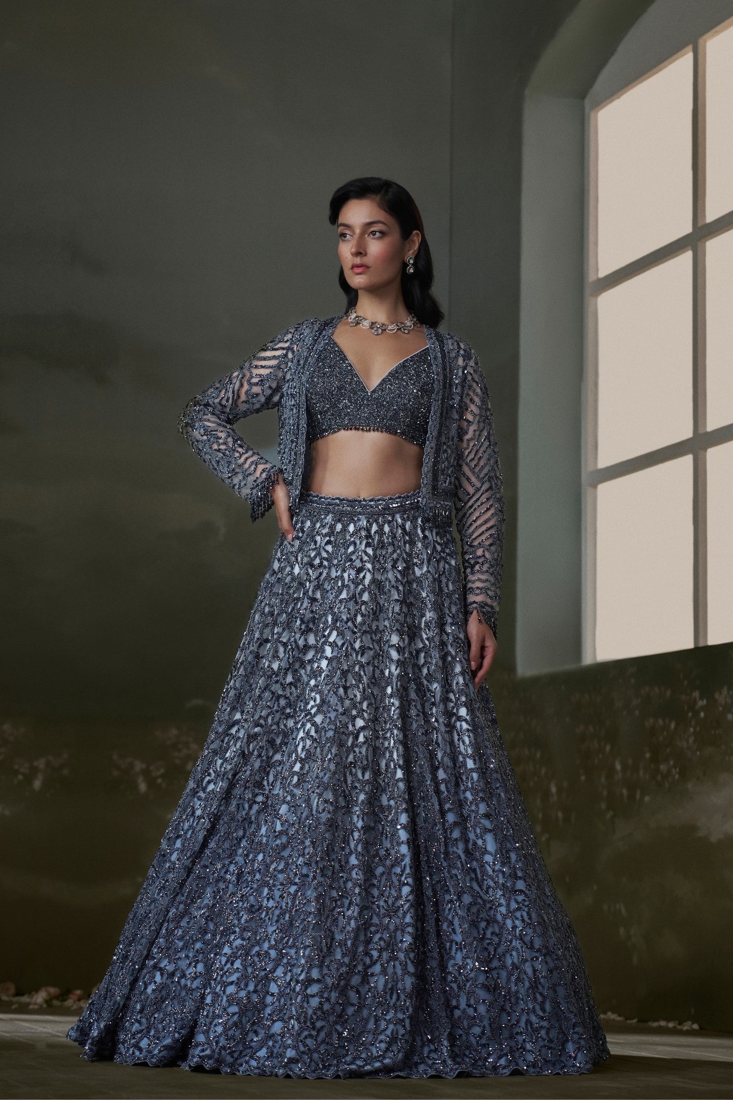 Stone Grey Net and Satin Lehenga Choli with Embroidered Jacket