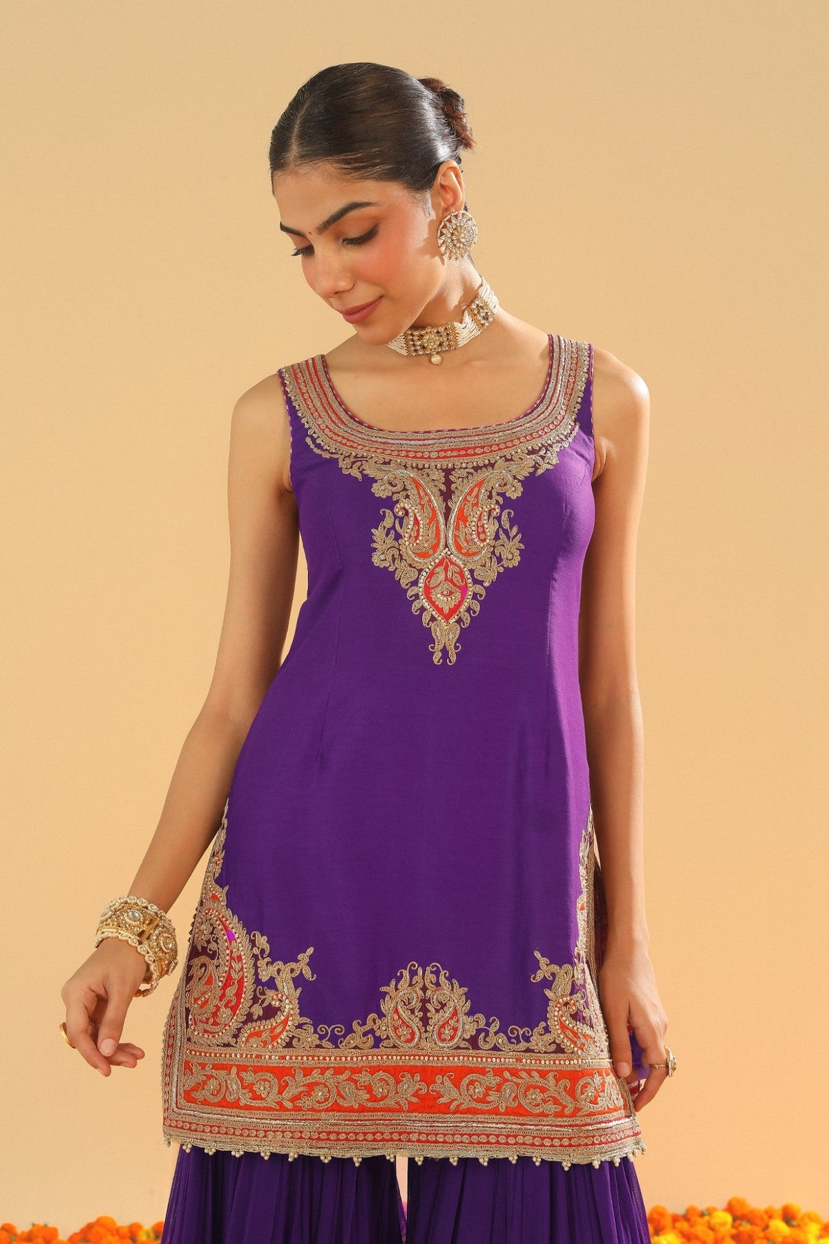 Maziyah - Deep Purple Short Kurta with Garara and Dupatta