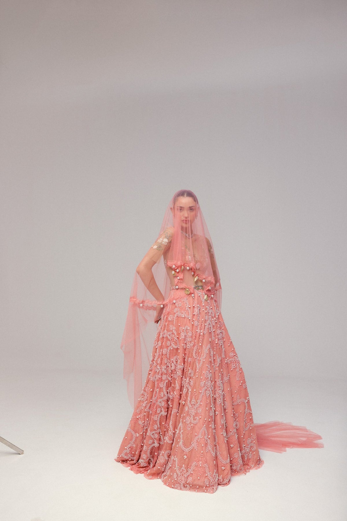Pearl & Shell Embroidery, Stretch Tulle & Corded Lace with Silk, Skirt Set, Underwired Blouse Silhouette