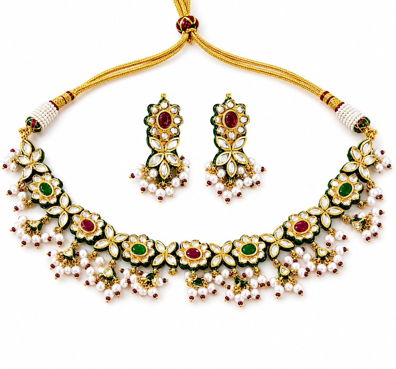 Navratna  Jaipuri Kundan Floral Choker Necklace Set with Pearl Drops