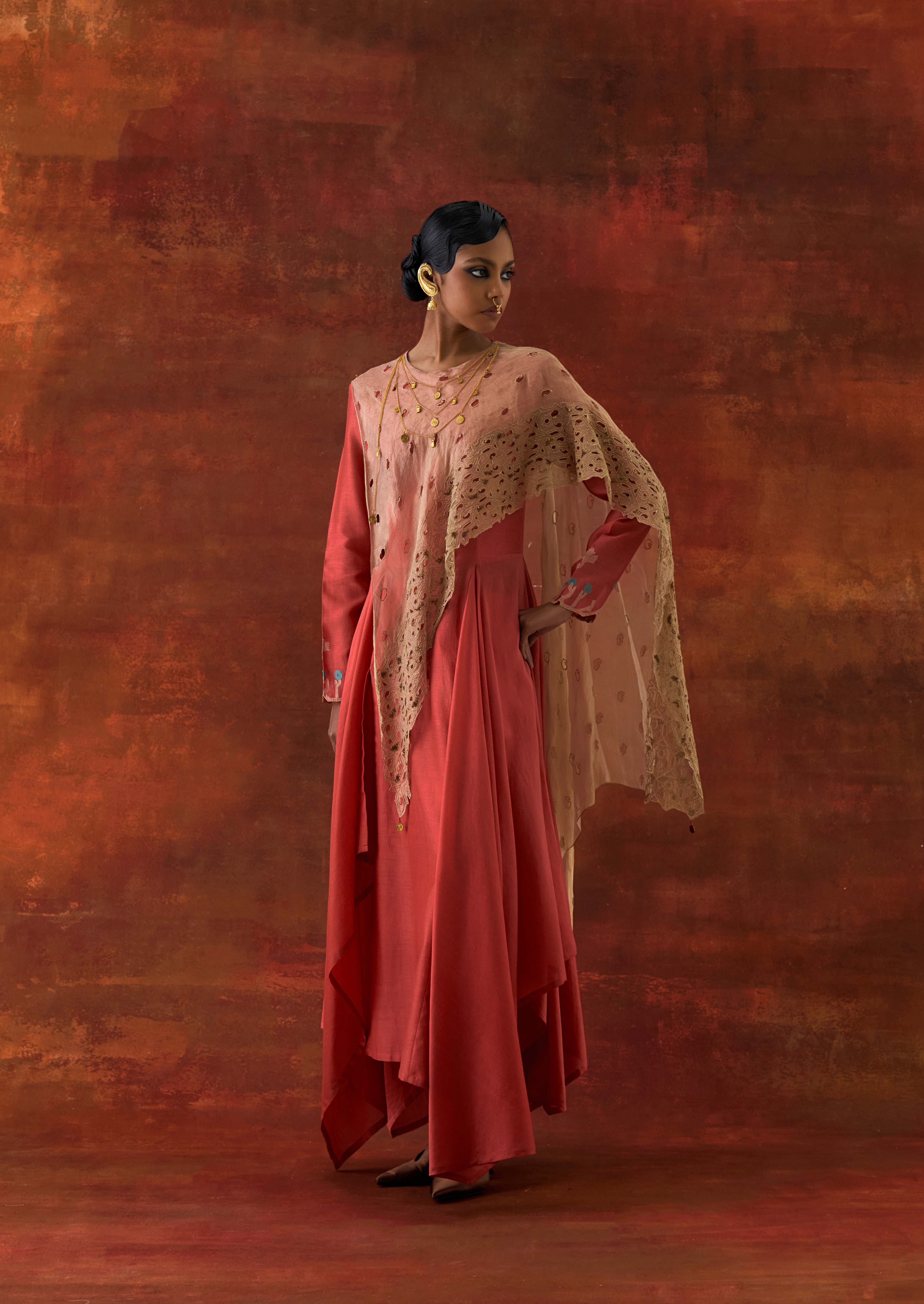 EMB GOLD TISSUE ATTACHED DRAPED KURTA WITH PANTS - image 2