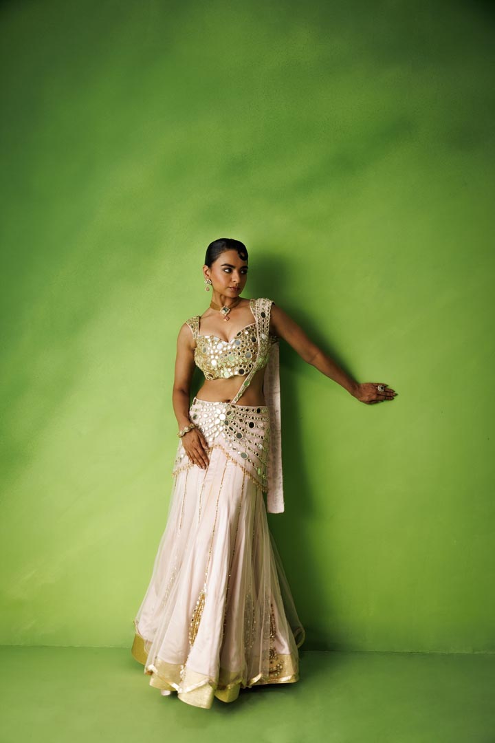 Baby pink mirror work saree set
