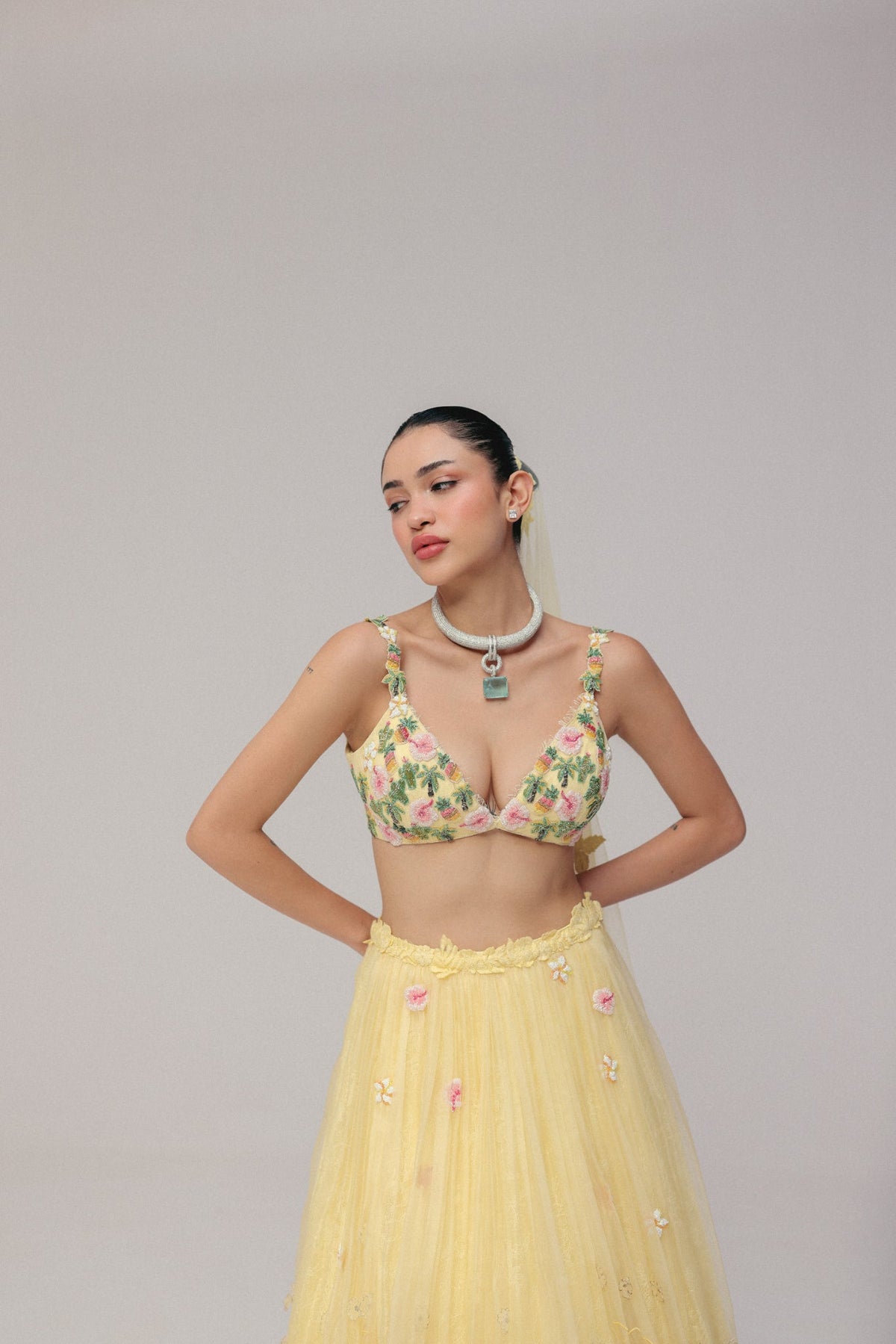 Beaded Motif Embroidery, Soft Tulle & Silk Organza with French Lace, Skirt Set, Embroidered Blouse Silhouette