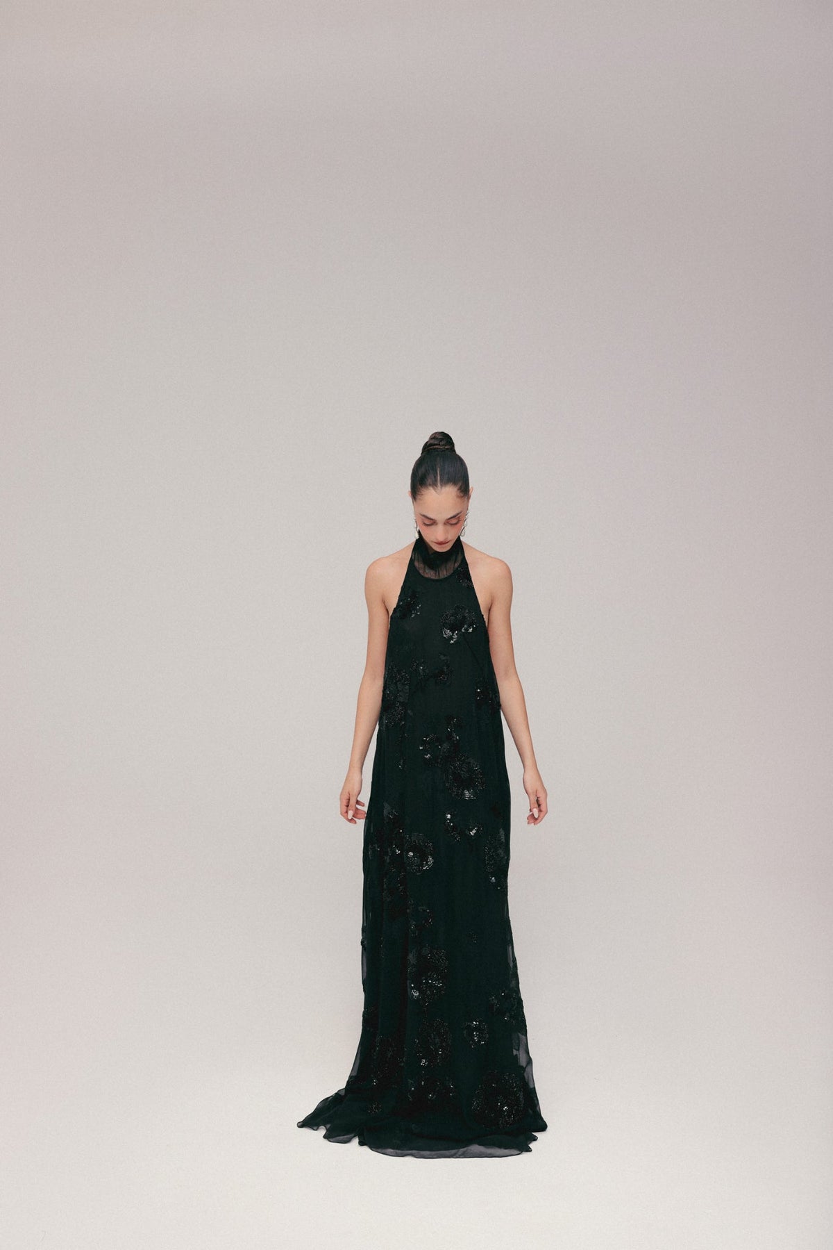 Black, Persian Embroidery, Silk Georgette & Tulle, Full-Length Dress, Sheath Silhouette