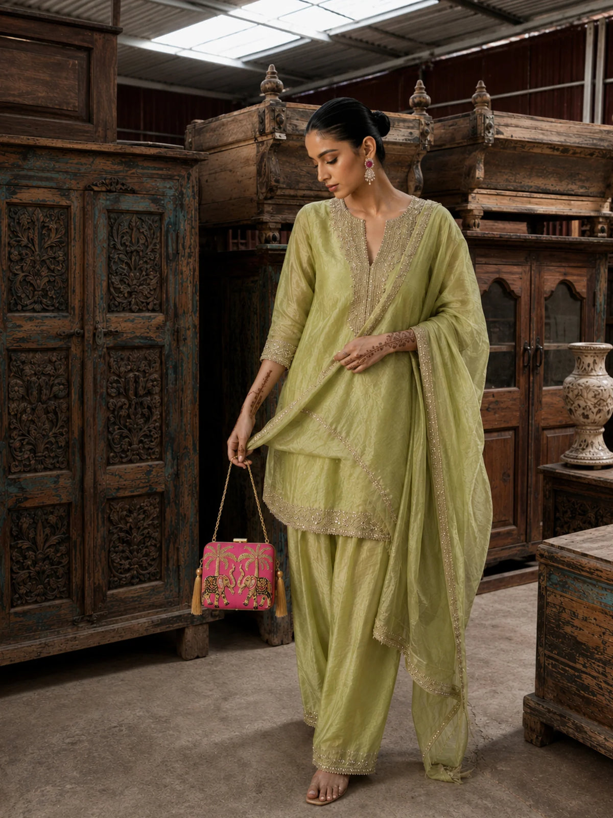 Pink Elephant Print Clutch Bag with Embroidered & Gold Embellishment