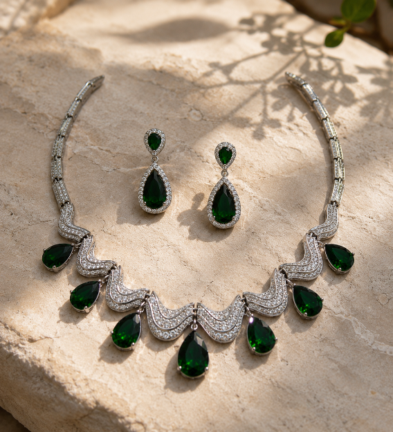 Emerald Teardrop Necklace Set with Drop Earring