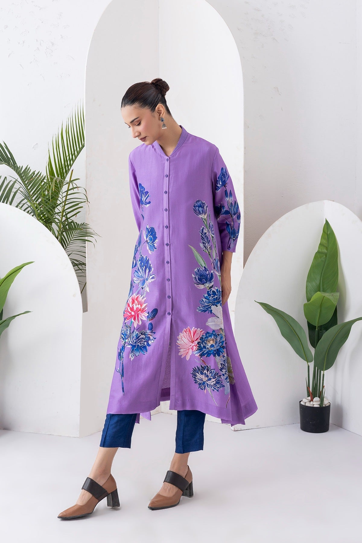 Lavender Silk Chanderi Front Open Printed Dress Set (3 PCS)