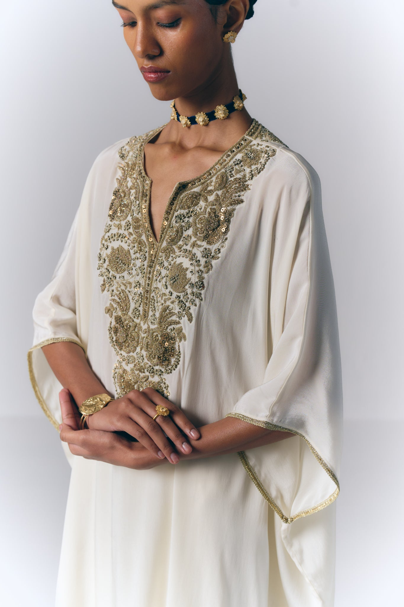 Ivory Embroidered Kaftan Set
