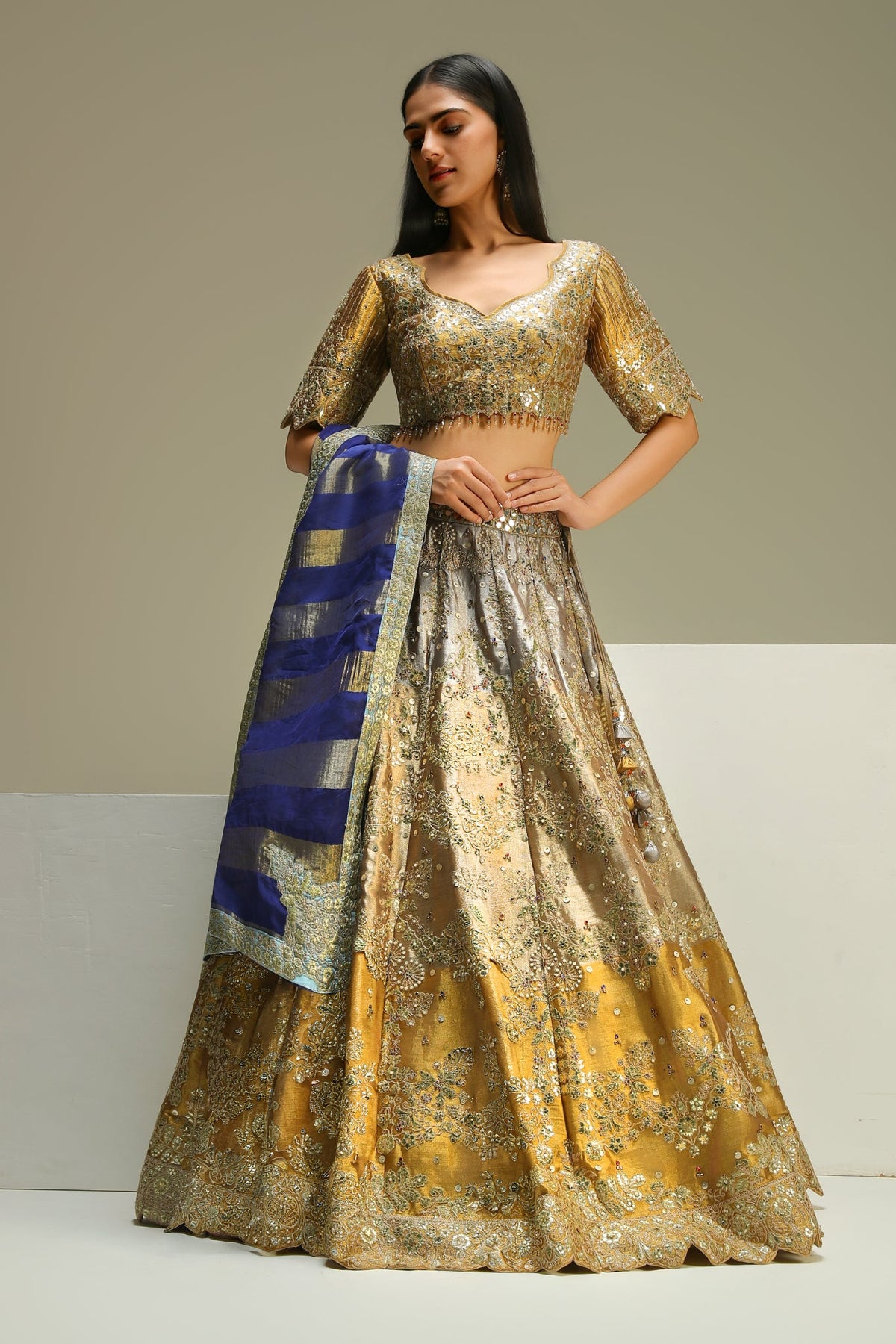 Golden & Blue Tissue Jacquard Lehenga Set with Dupatta