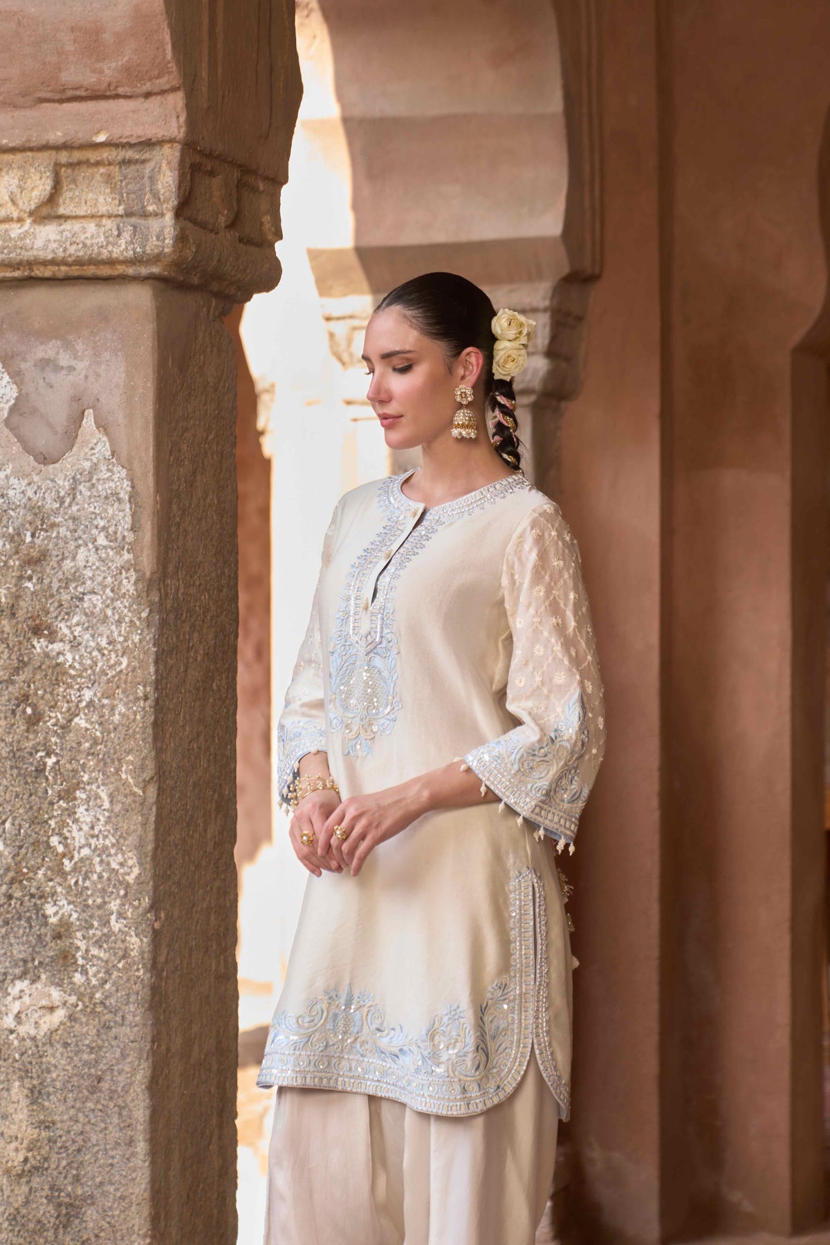 Ruhi Daisy Ivory and Blue Silk Chanderi Kurta Dhoti Set