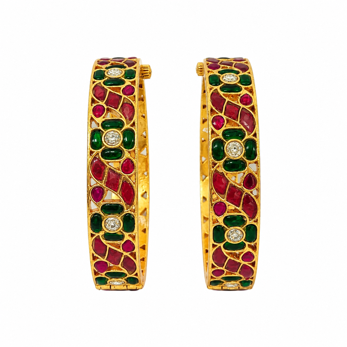 Ruby Green Floral Stone Statement Bangles