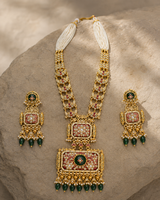 Royal Emerald Ruby Statement Necklace Set with Jhumka earring