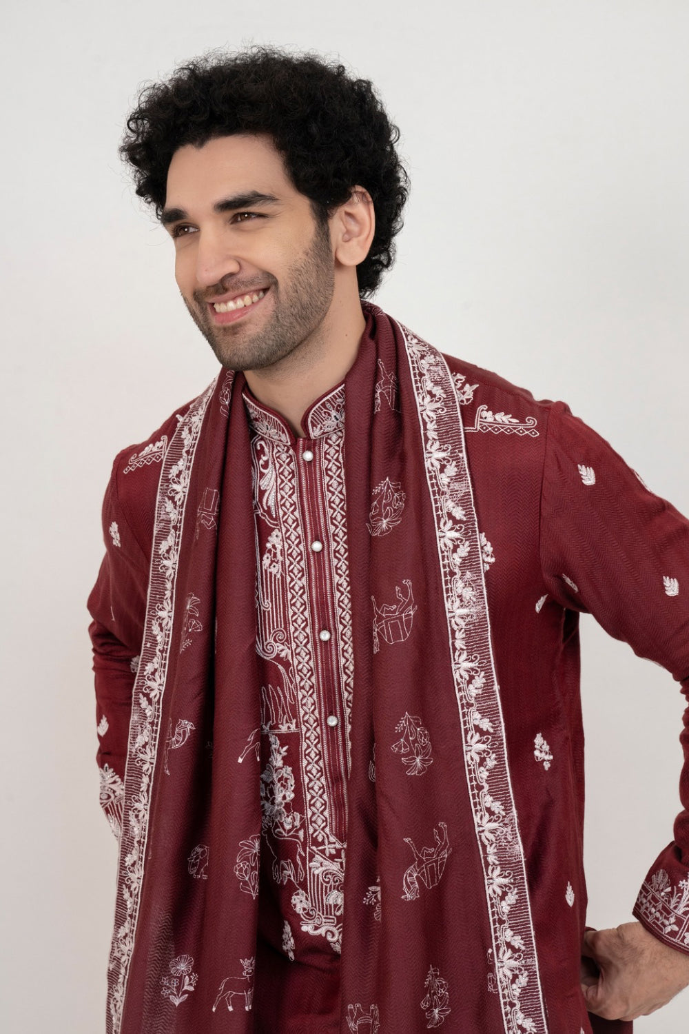 Burgandy resham embroidered malai silk kurta set with sequin and stone work