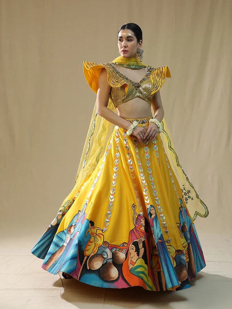 yellow modern baraat lehnga set