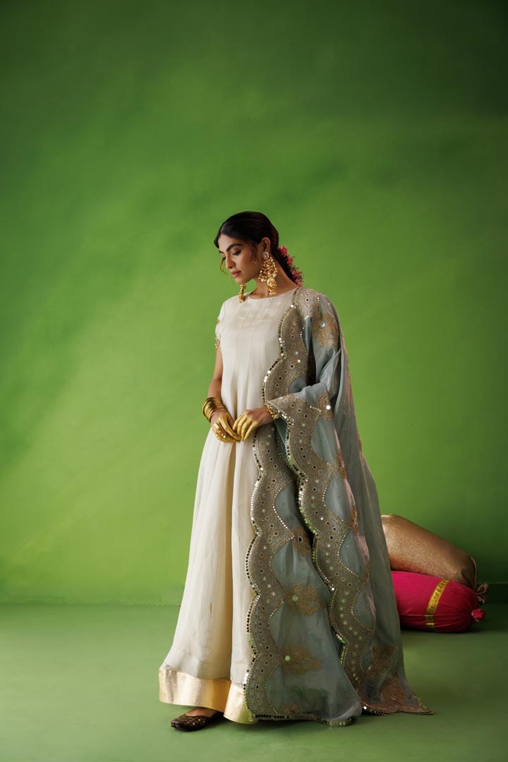 Beige tissue anarkali with blue dupatta
