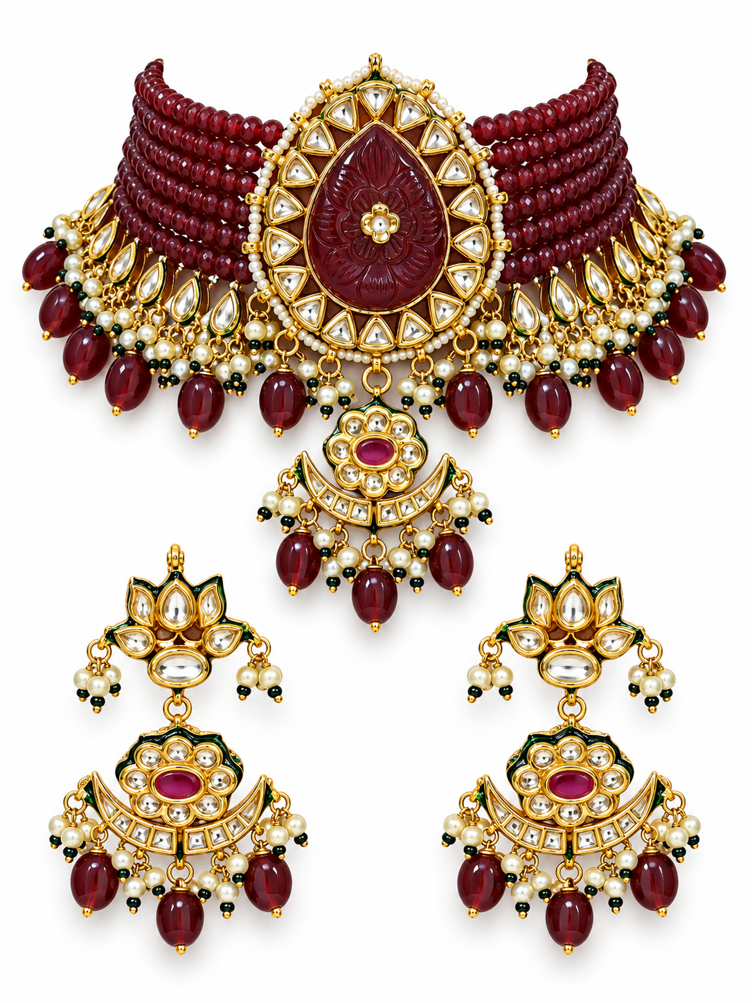 Maroon Kundan Beaded Choker Earring Set
