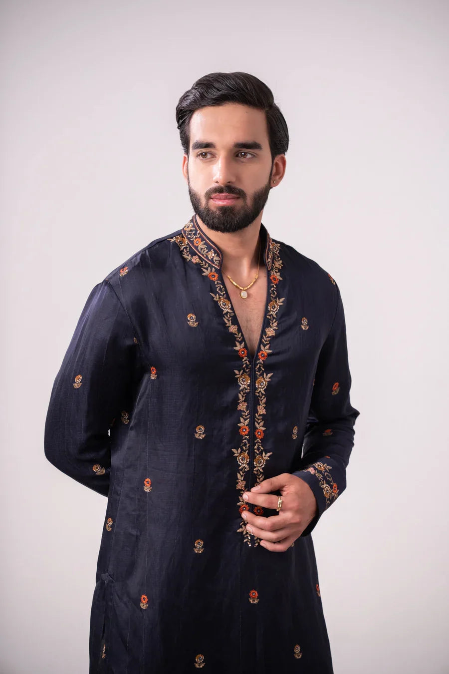 Sapphire Veil Embroidered Linen Silk Kurta