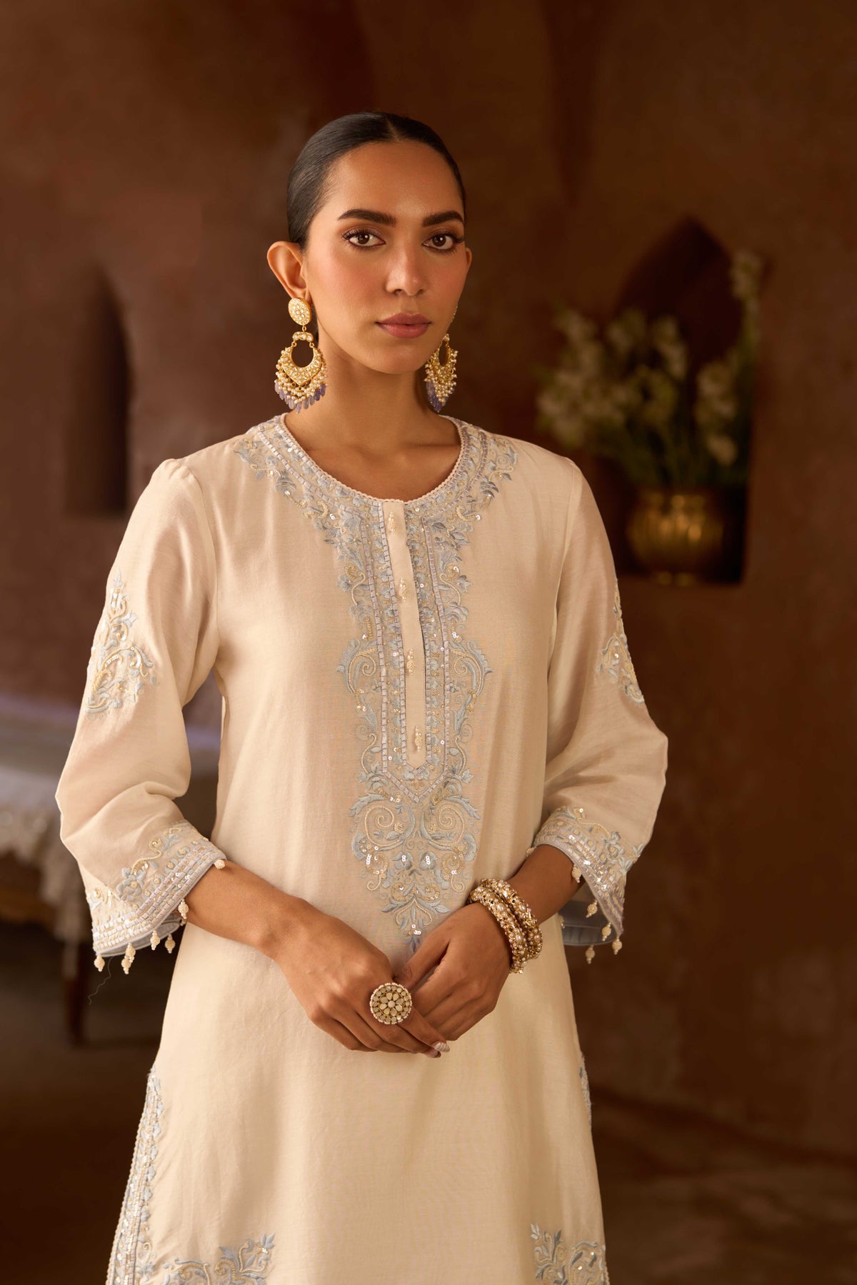 Daisy Ivory Chanderi Short Kurta and Dhoti Set for Festive Wear