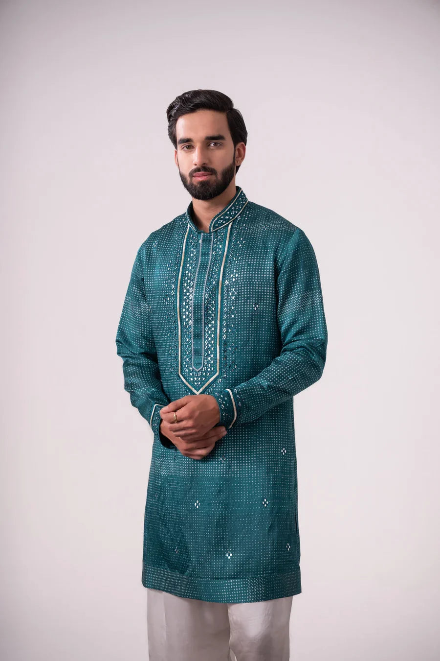 Teal Green Embroidered Linen Silk Kurta