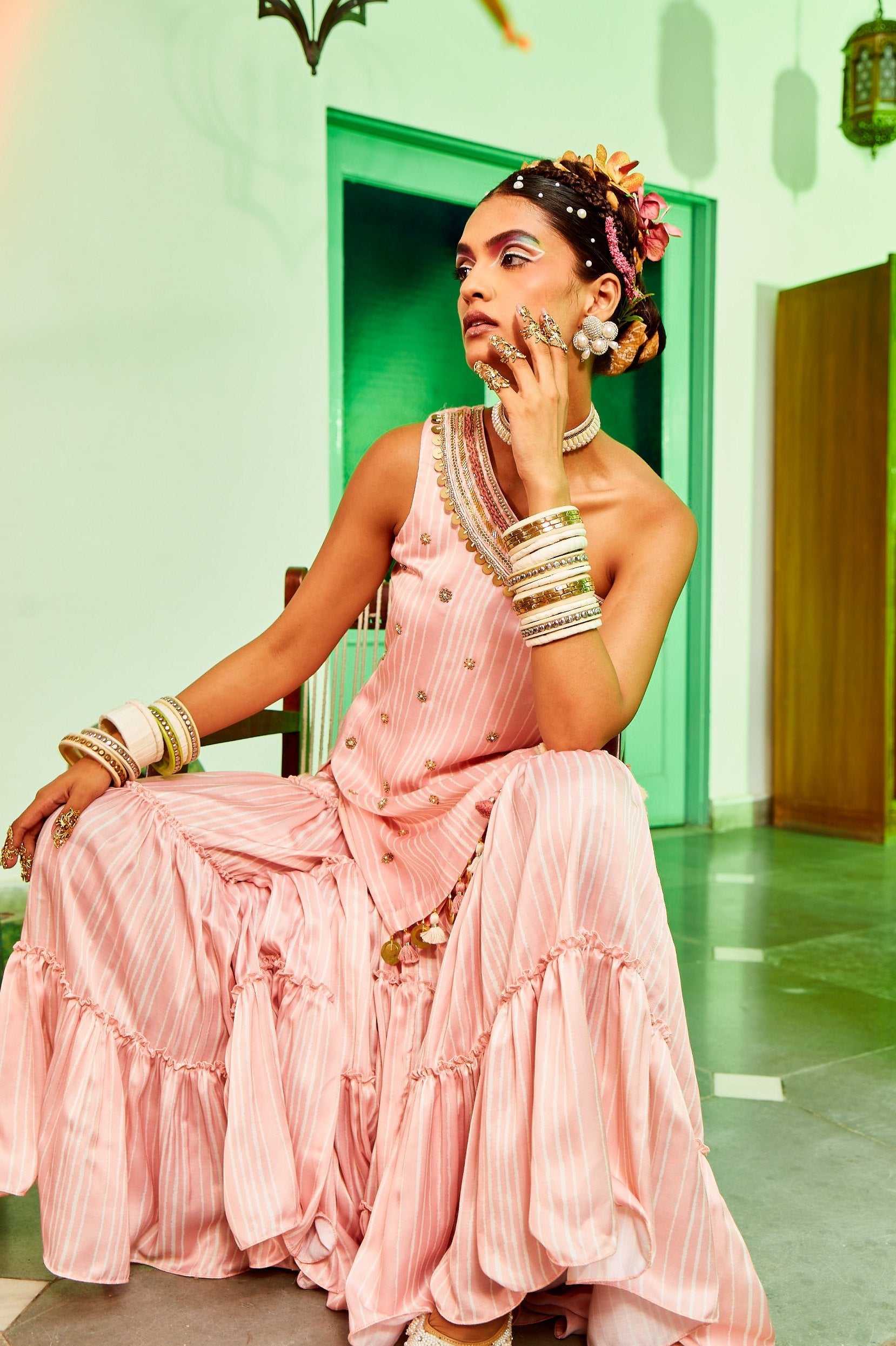 One Shoulder Kurta With Teired Sharara