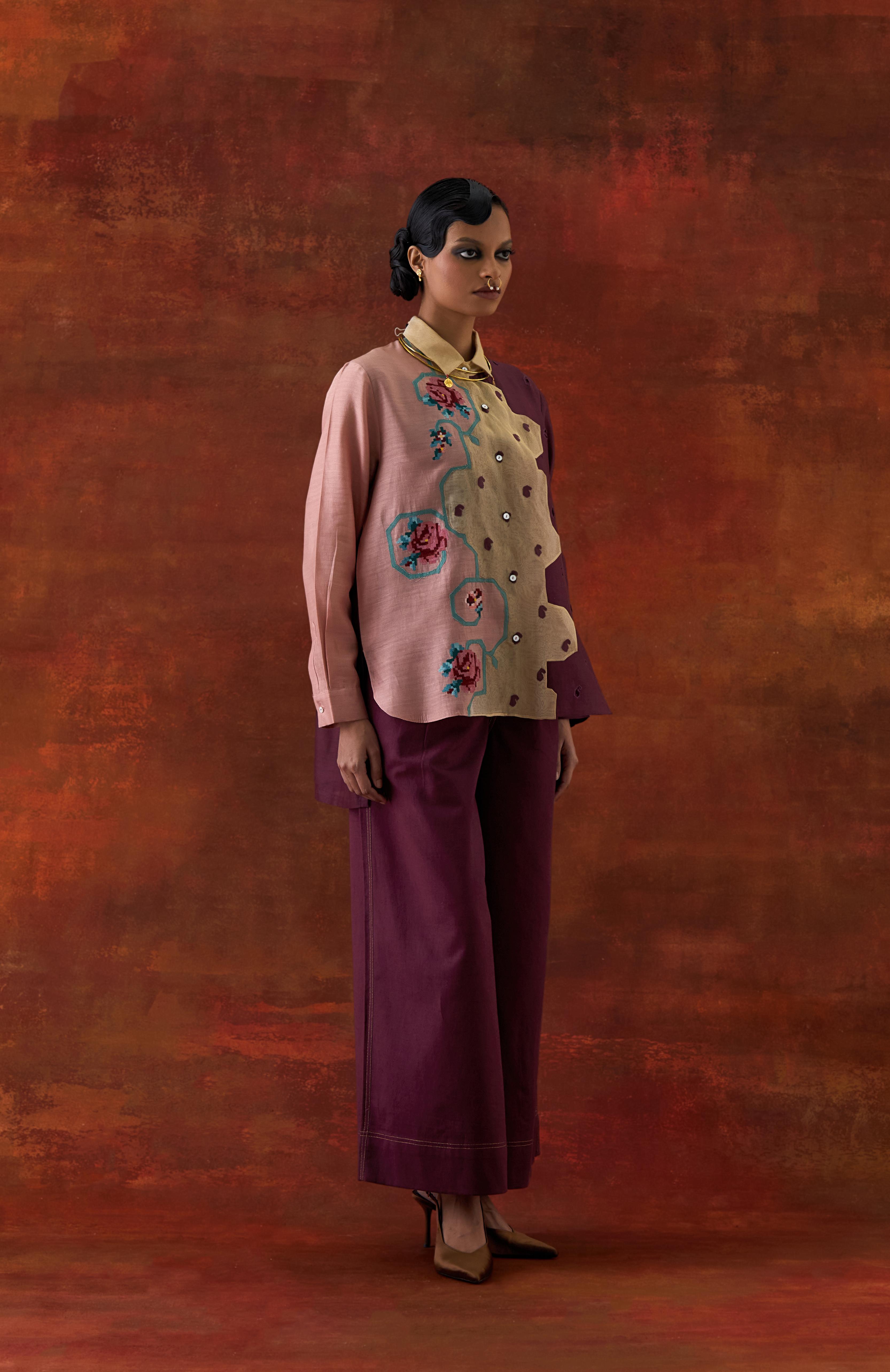 EMB TRI COLOR SHIRT WITH FLARED PANTS - image 2