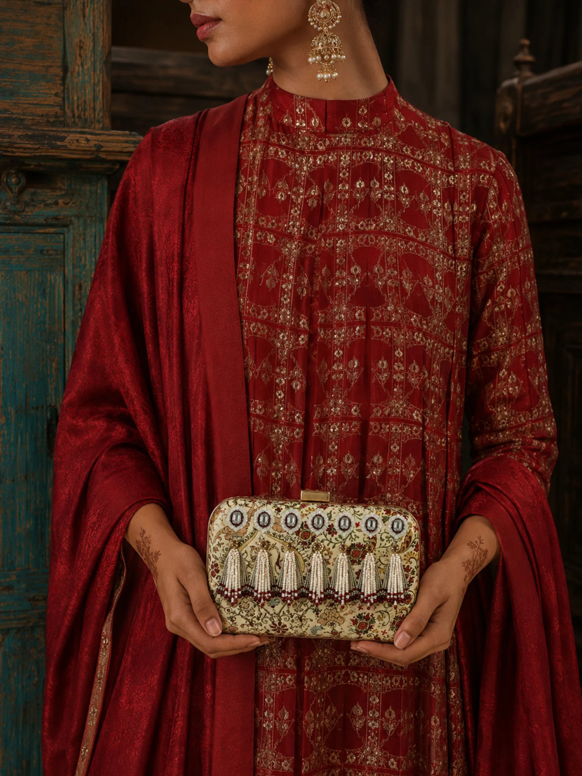 Ivory Floral Print Jewel Clutch Bag with Pearl Tassel