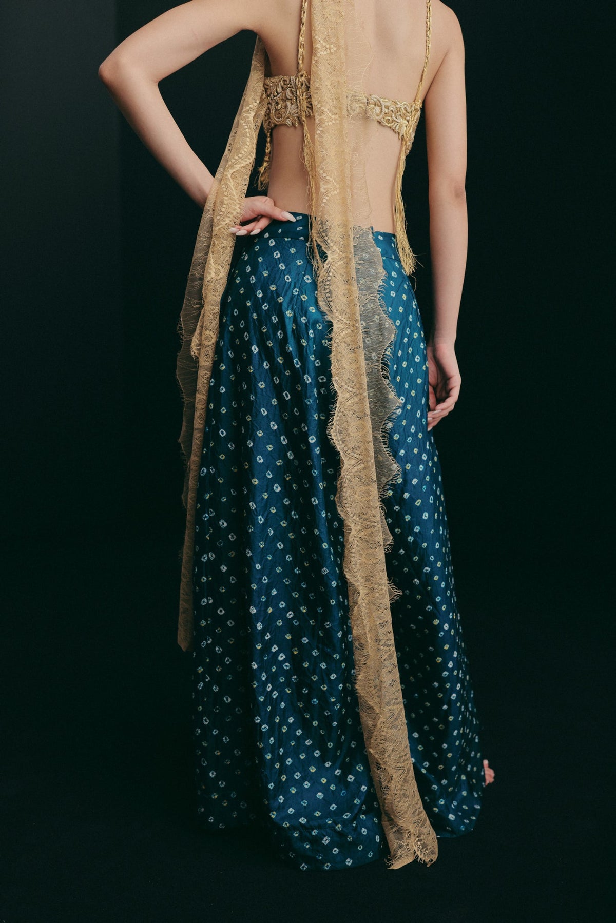 Zardosi Cutwork Embroidery, Silk & Handwoven Bandhini Silk with Lace, Pant Set, Blouse Silhouette