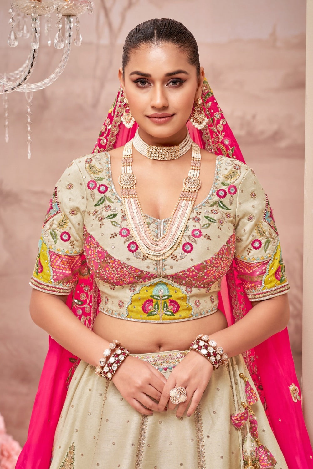 Beige & Pink soft silk lehenga choli with hand work