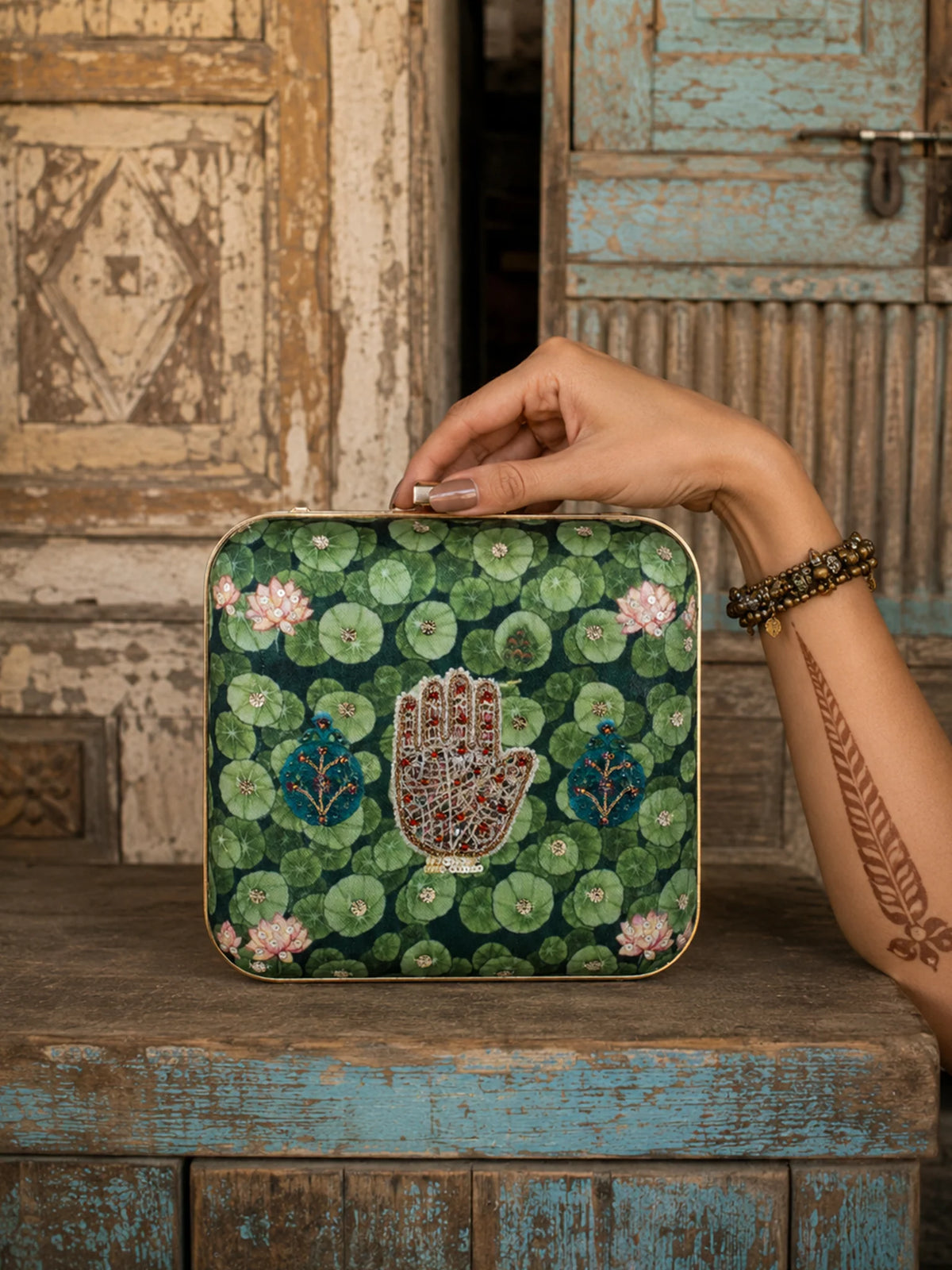 Green Lotus Pond Print Clutch Bag with Embroidered Jewel Palm & Gold Chain