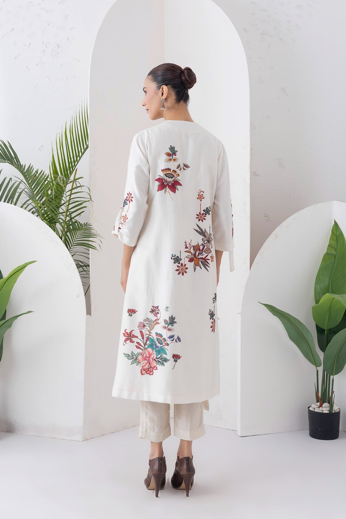 Ivory Silk Chanderi Printed High-Low Dress Set (3 PCS)