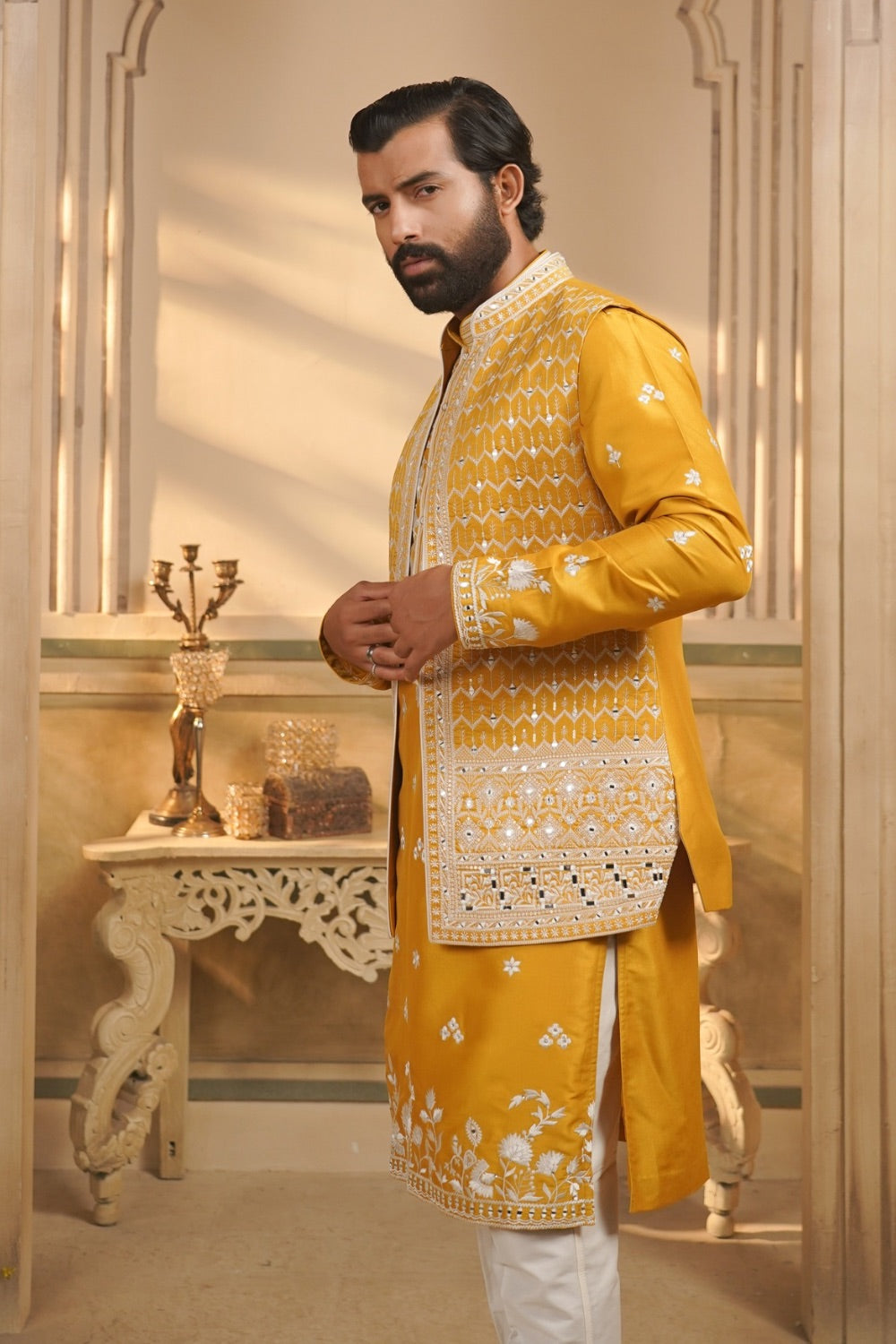 Yellow splendid silk embroidered open jacket kurta set