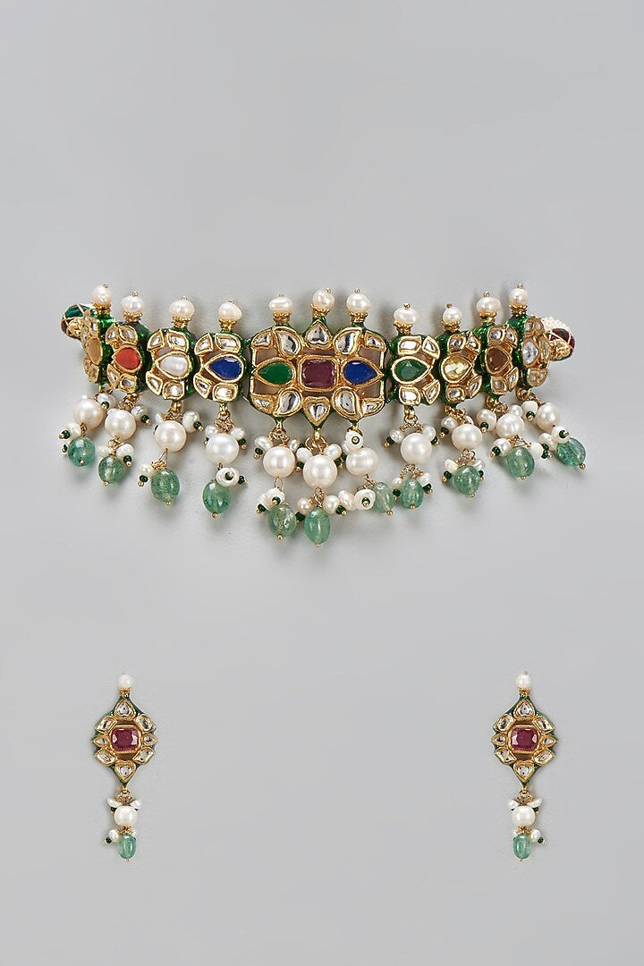 Navratna Jaipuri Kundan Choker Necklace Set with Pearls & Green Beads