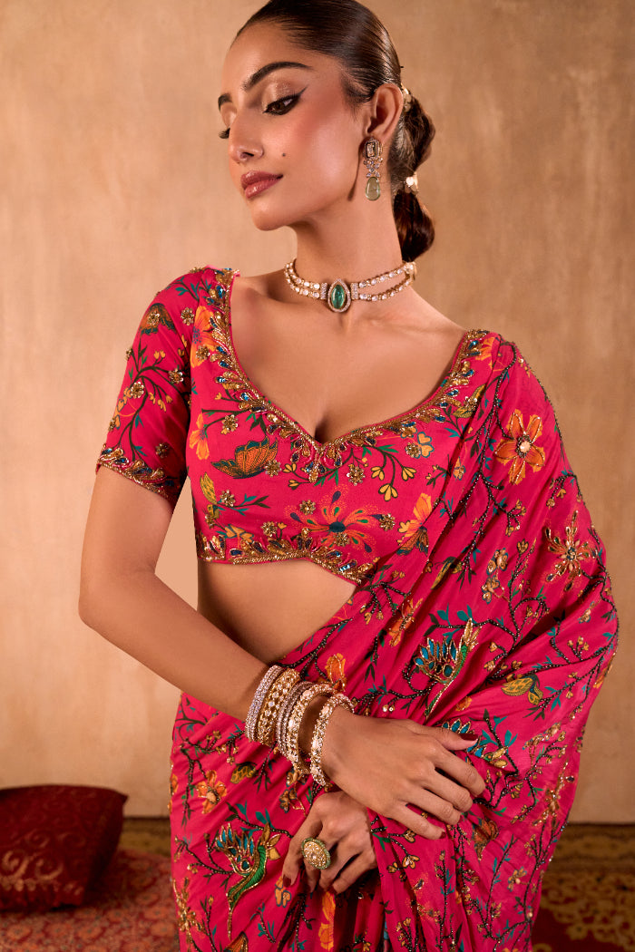 PINK PRINT CHOLI WITH EMBROIDERED SARI SET - image 2