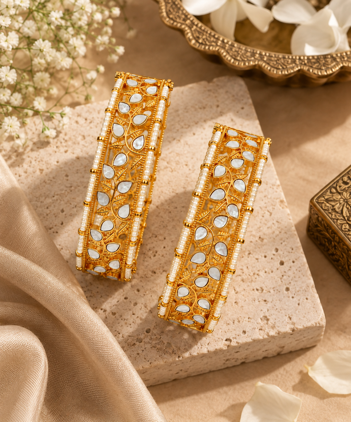 Kundan Pearl Leaf Statement Bangles