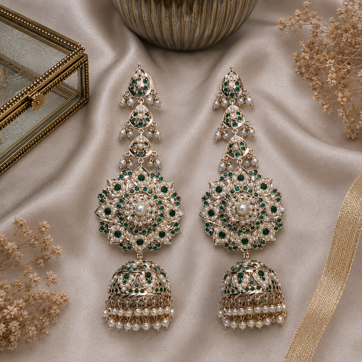 Emerald Green Stone Jadau Pearl Jhumka Earrings