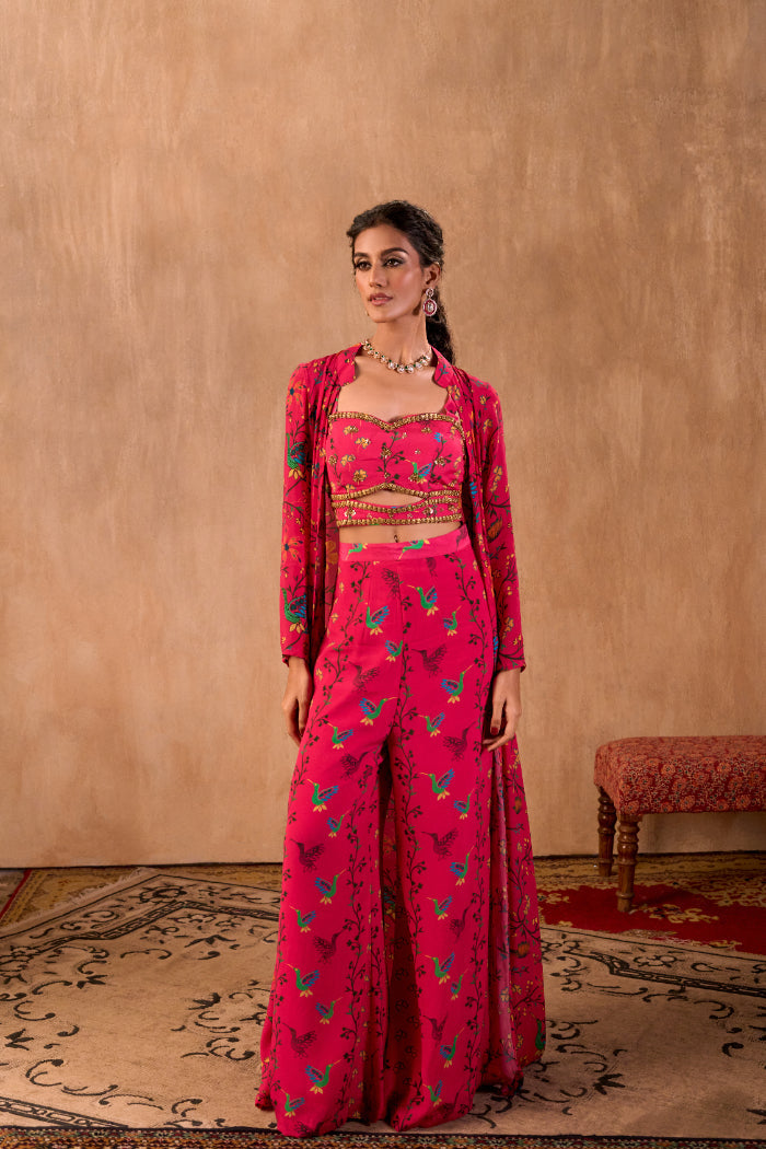 PINK PRINT EMBROIDERED CHOLI, PANTS AND JACKET SET