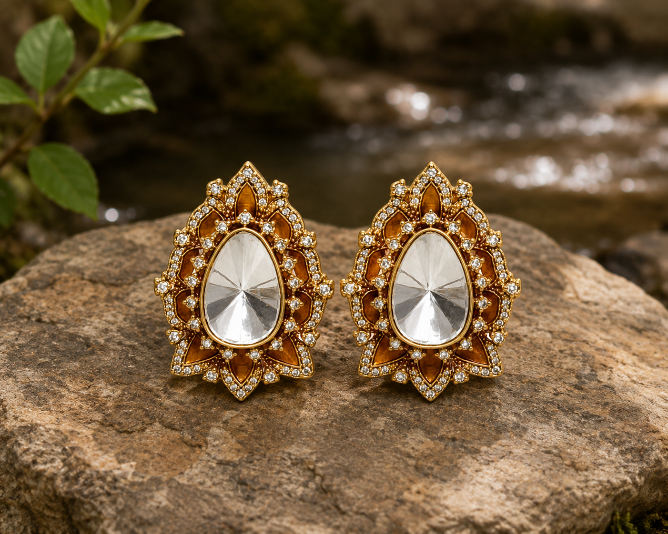 Pear Cut Polki Floral Stud Earring